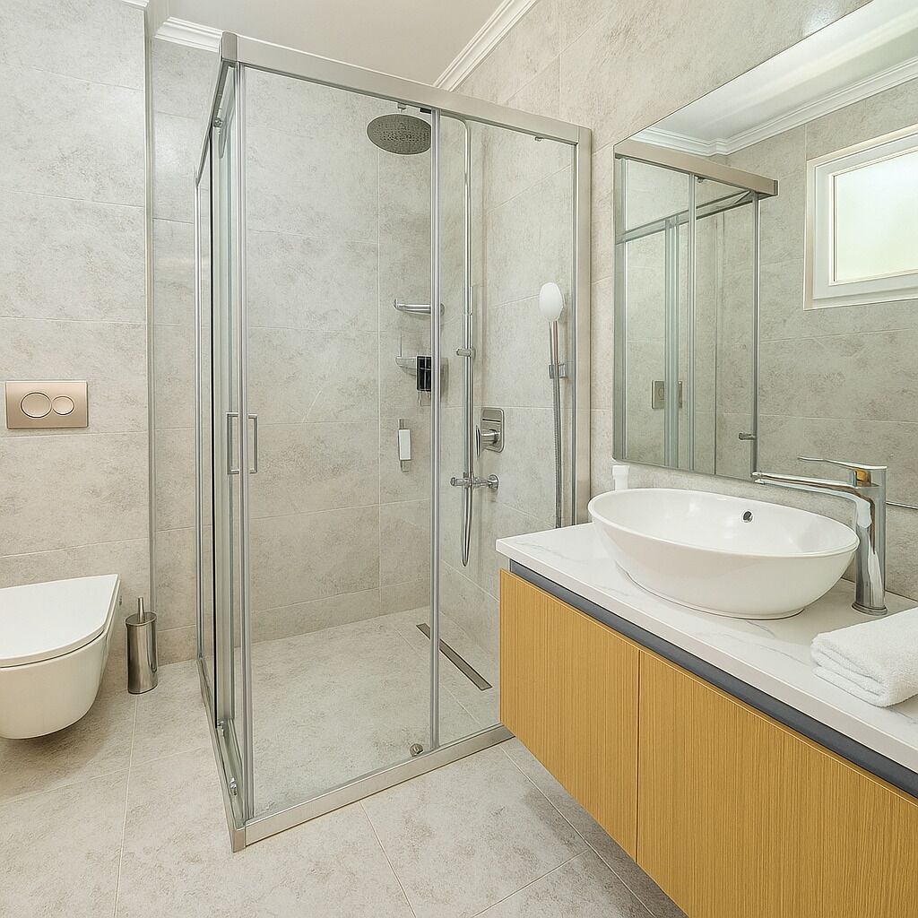 Un bany modern amb dutxa de vidre, un lavabo blanc i un moble de tocador de fusta.