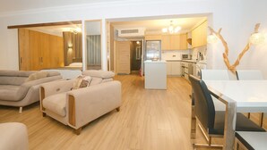 A modern apartment with a living area, kitchen, and dining space.