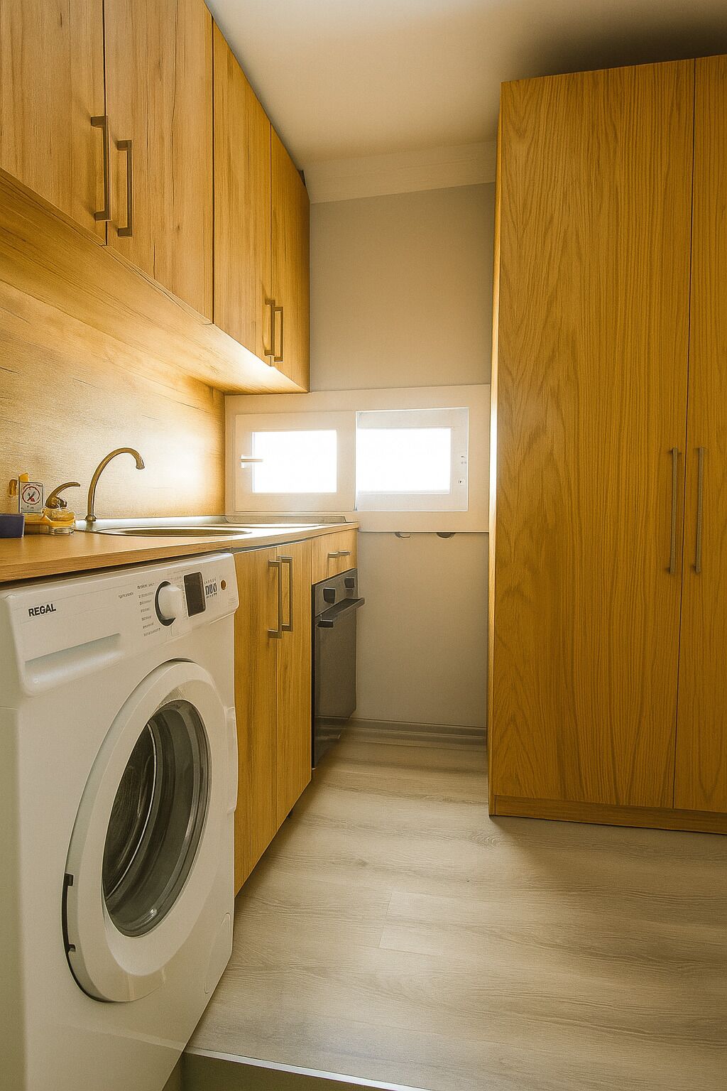 A compact laundry room with wooden cabinets, a washing machine, and a window providing natural light.