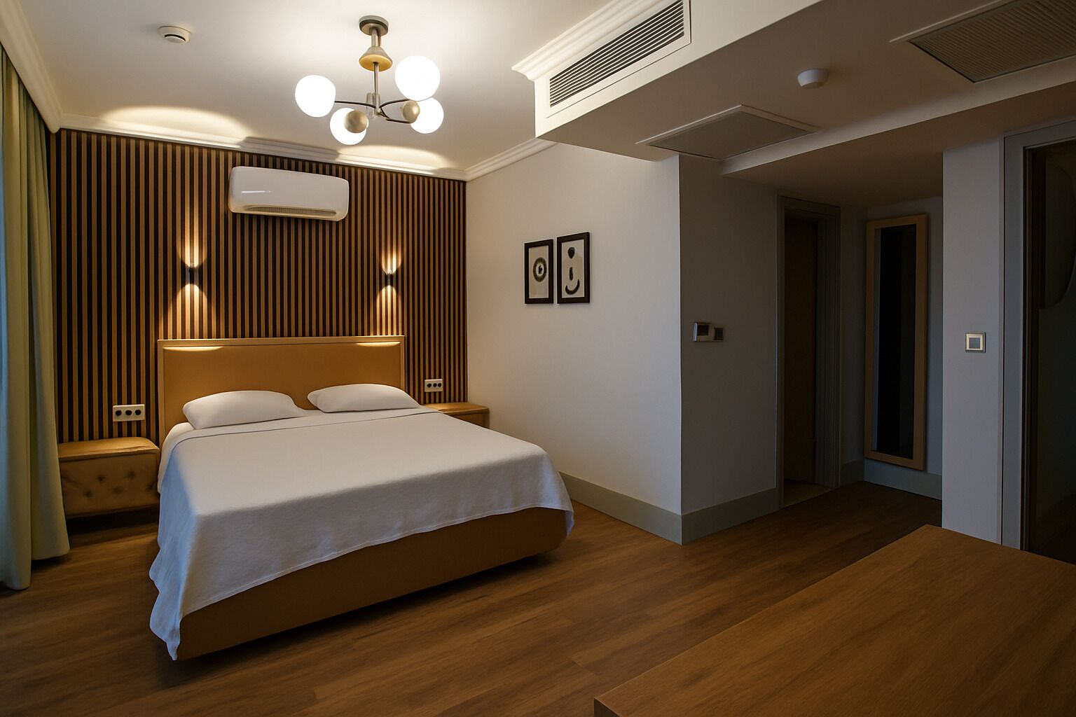 A modern hotel room with a large bed, a wooden headboard, a ceiling light fixture, and a wall-mounted air conditioner.