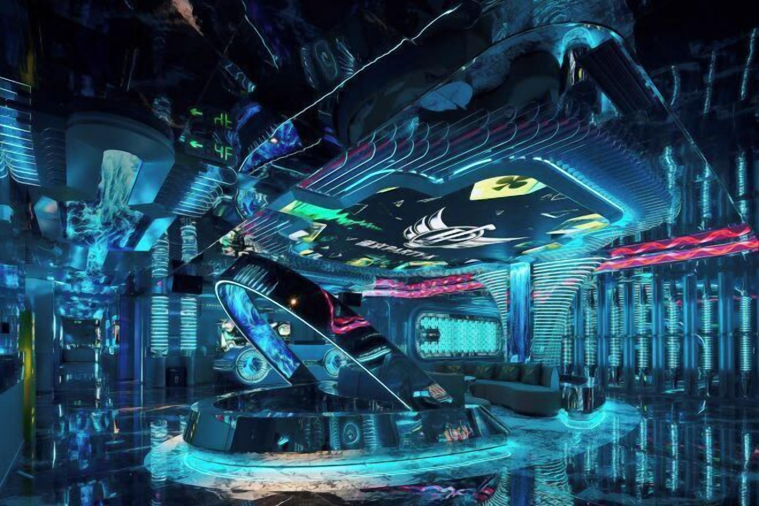 Ein futuristisches, hochmodernes Interieur mit einer zentralen, runden Plattform, fortschrittlicher Beleuchtung und einem auffälligen Logo an der Decke.