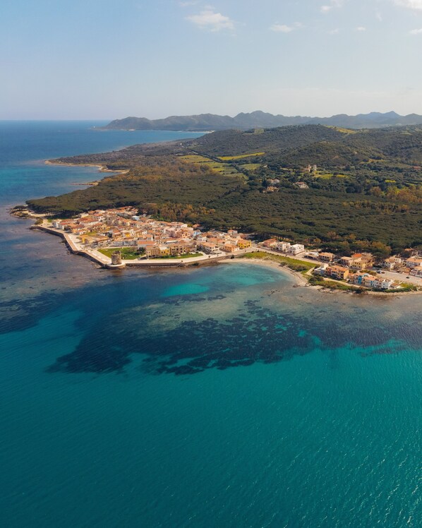 An aerial view of a coastal town with a fortified harbor, surrounded by lush green hills and a clear blue sea.