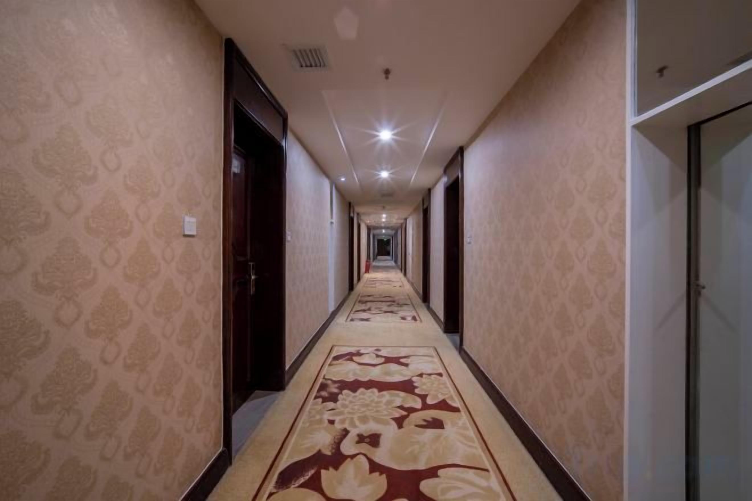 Un pasillo de hotel con alfombra estampada, puertas a ambos lados y una lámpara en el techo.