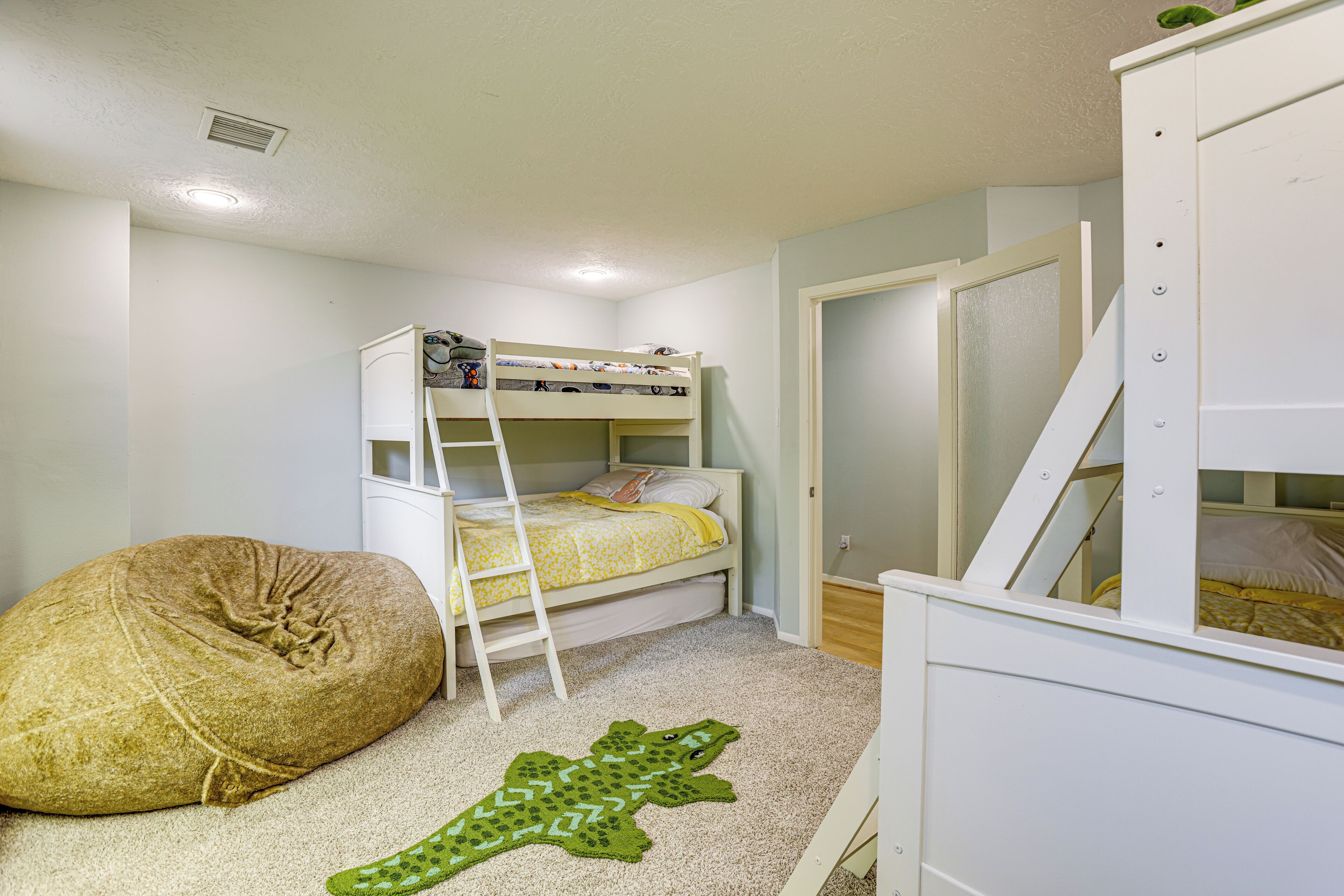 A bedroom with a bunk bed, a bean bag chair, and a green crocodile rug.