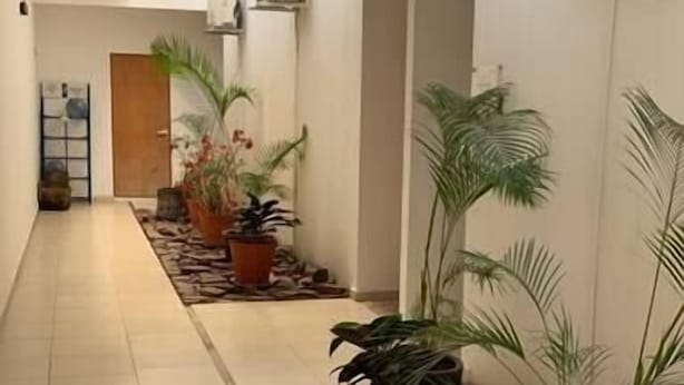 Un pasillo con suelo de baldosas, plantas en macetas y una pared de azulejos con un equipo de aire acondicionado.