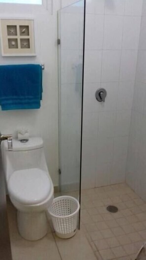 Une salle de bain avec des toilettes, un espace douche et un panier blanc.