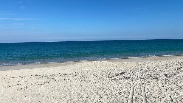 Una playa con cielo despejado y mar tranquilo.