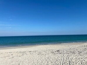 Ein Strand mit blauem Himmel und ruhiger See.