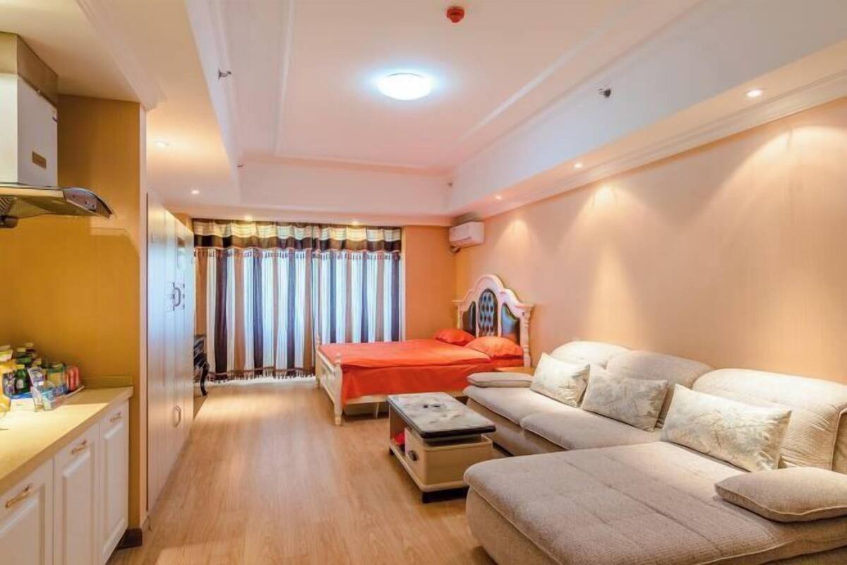 A compact room with a bed, sofa, kitchenette, and a window with curtains.