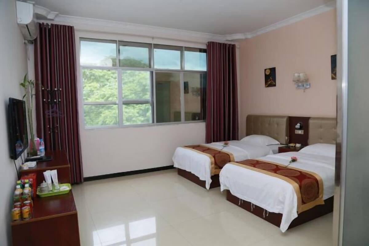 Habitación de hotel con dos camas, televisión, escritorio con planta y ventana con cortinas.