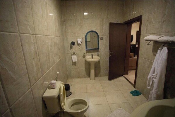 A bathroom with a toilet, sink, and mirror.