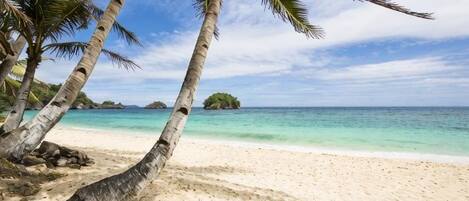 A beach with white sand, palm trees, and clear blue water.