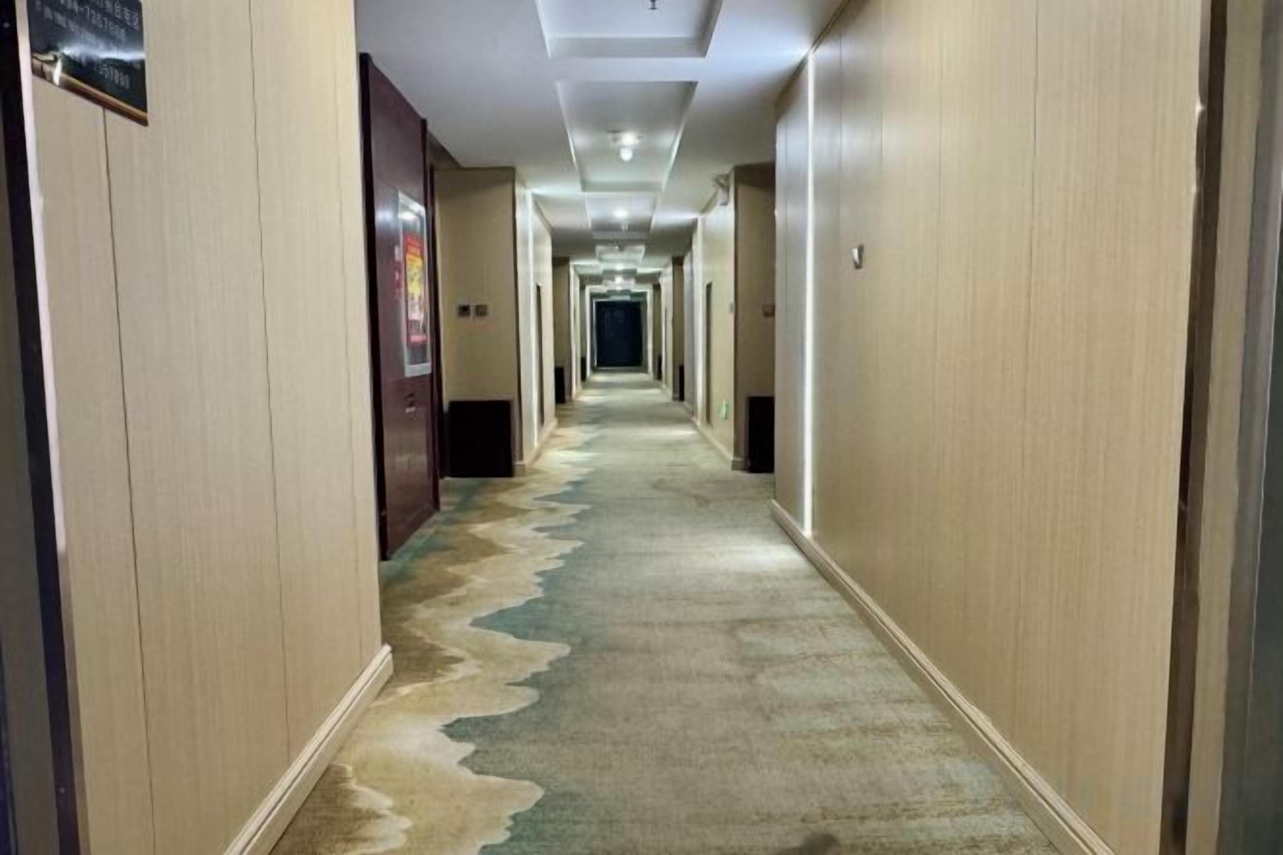 A hotel hallway with carpeted floors, doors, and a light fixture on the ceiling.
