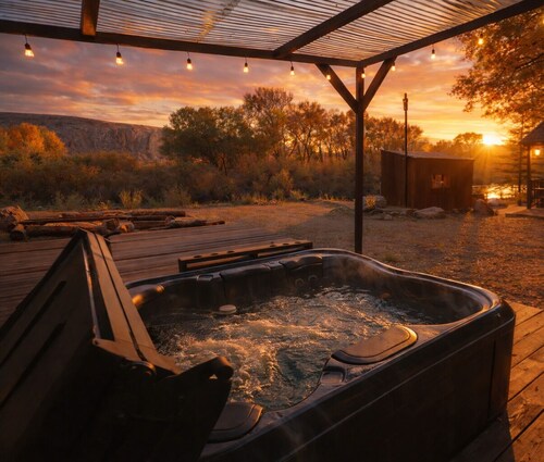 Queen Room w/ Riverfront Access, Panoramic Mountain View & Hot Tub on Site.