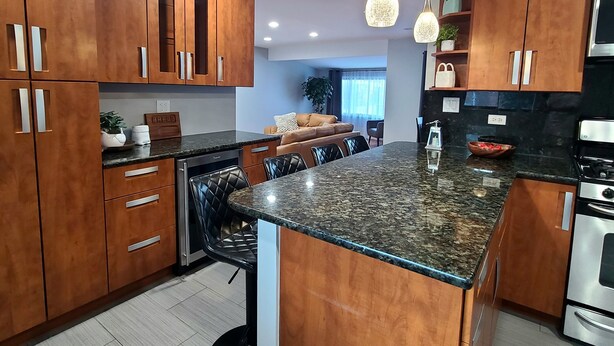 A modern kitchen with wooden cabinets, a granite countertop, and stainless steel appliances. - Spacious 4-bedroom house in charming Des Plaines with AC, WiFi (Des Plaines)