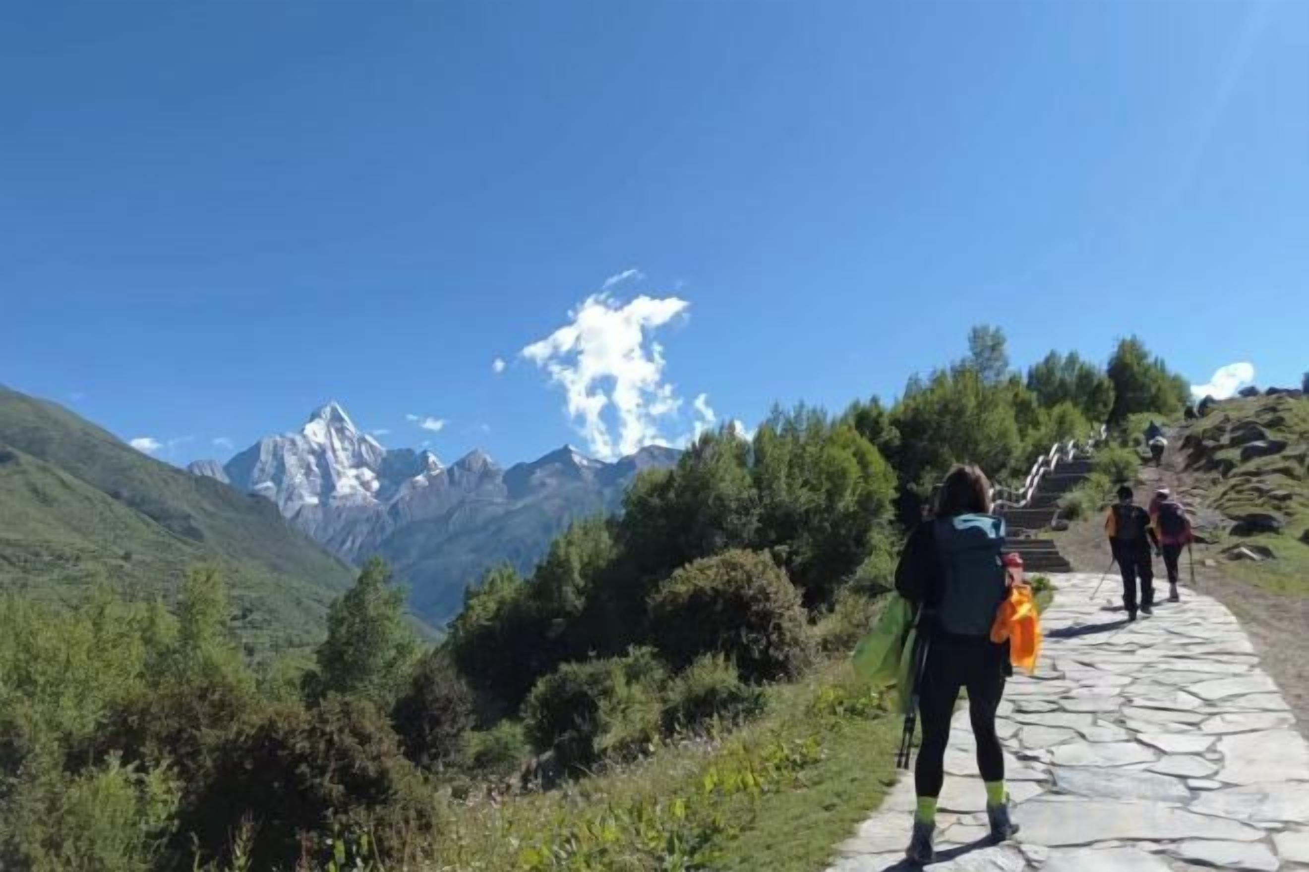 A stone pathway with hikers, surrounded by greenery and mountains in the background.