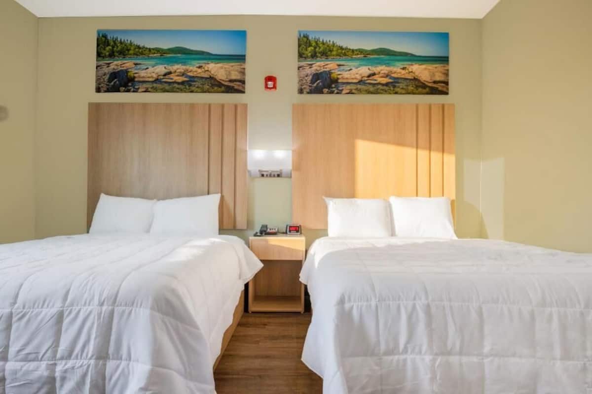 A hotel room with two beds, wooden headboards, and a nightstand with a lamp.