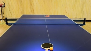 A table tennis table with a net in a room with wooden walls. - Fuli Hot Spring Resort (Nantou)