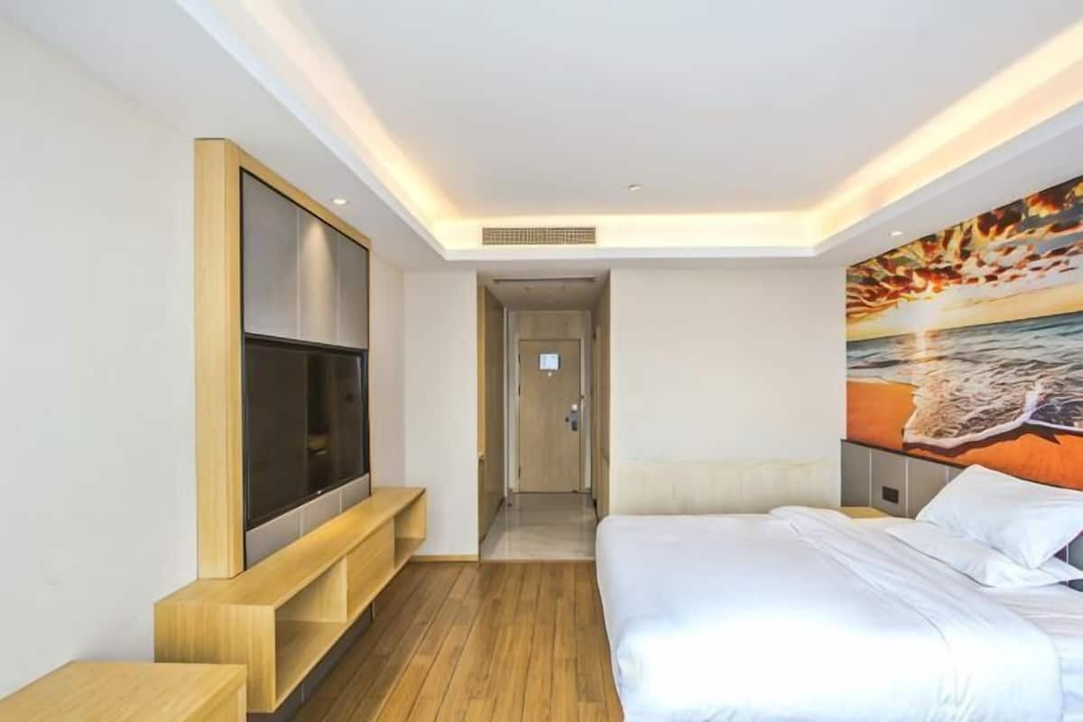 Una habitación de hotel moderna con una cama grande, un televisor, un cuadro y suelo de madera.