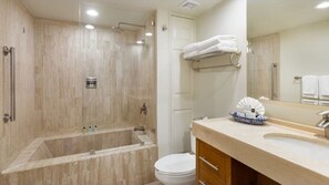 Jetted bath, hair dryer, towels, soap