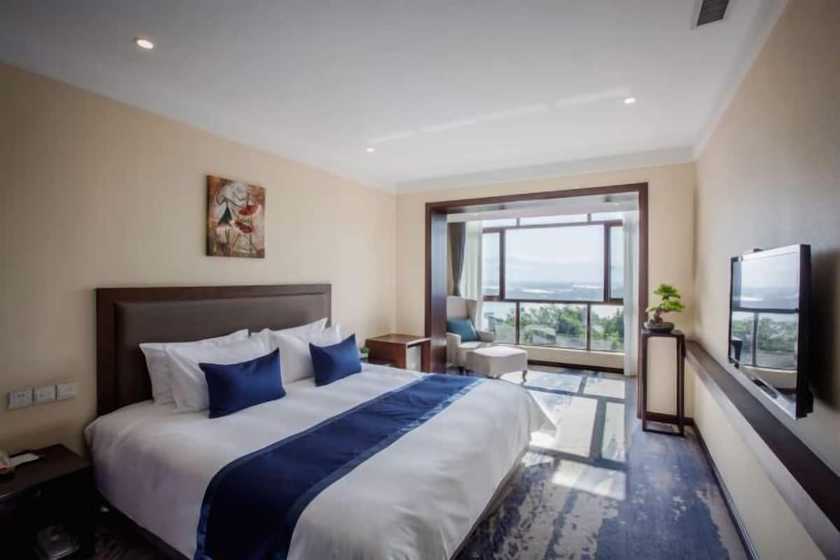 Habitación de hotel con una cama grande, un escritorio, una silla, un televisor y vistas al exterior.