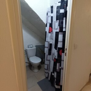 Chuveiro, secador de cabelo, toalhas de banho, sabonete