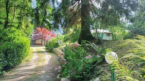 Ein Gartenweg führt zu einem Gebäude mit traditionellem Dach, umgeben von üppiger Vegetation und blühenden Pflanzen.