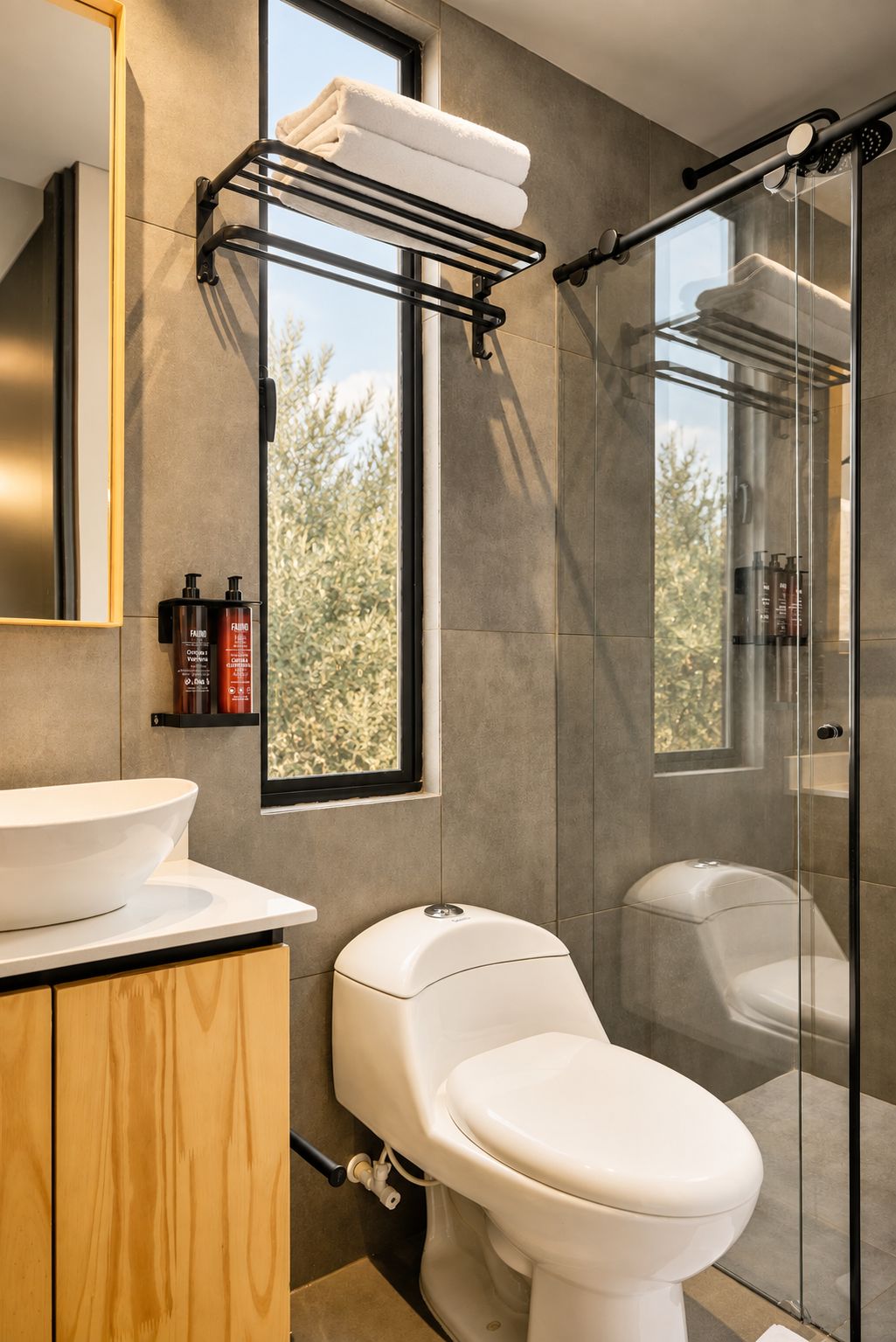 Une salle de bain moderne avec une douche à parois de verre, des toilettes blanches et un lavabo avec un meuble en bois.