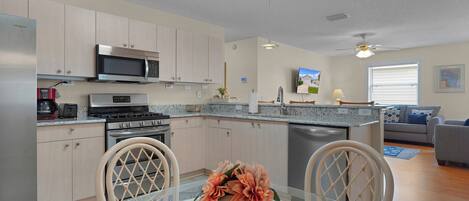 Fridge, microwave, oven, stovetop