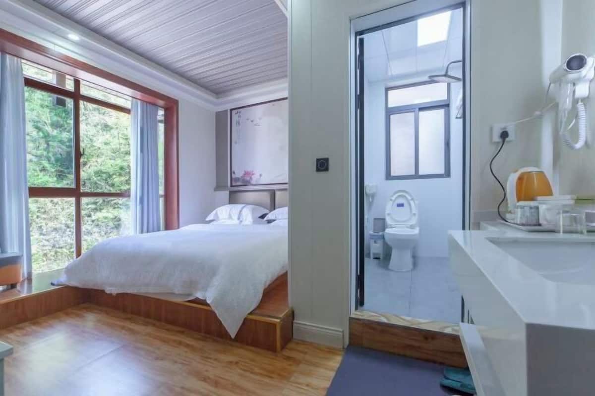 Een slaapkamer met een bed, een raam en een badkamer met toilet en haardroger.