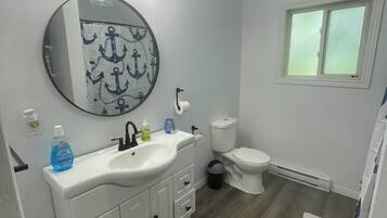 Shower, towels, soap, toilet paper