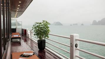 A deck with a potted plant, a table with a book, and a view of the sea.