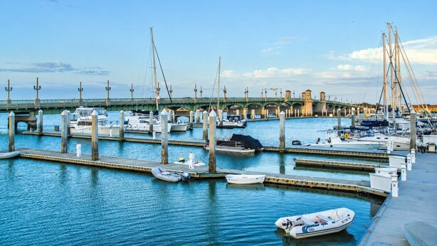 A marina with multiple docks, boats, and a bridge in the background.