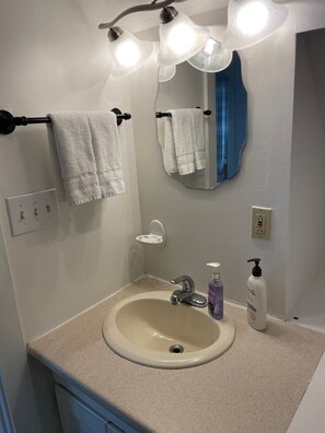 Hair dryer, towels, soap, shampoo