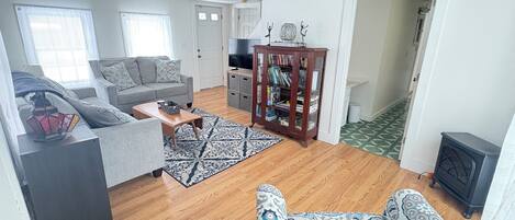 Smart TV, fireplace, books