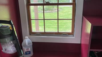 A room with a window, a vacuum cleaner, and a bottle of hand sanitizer.