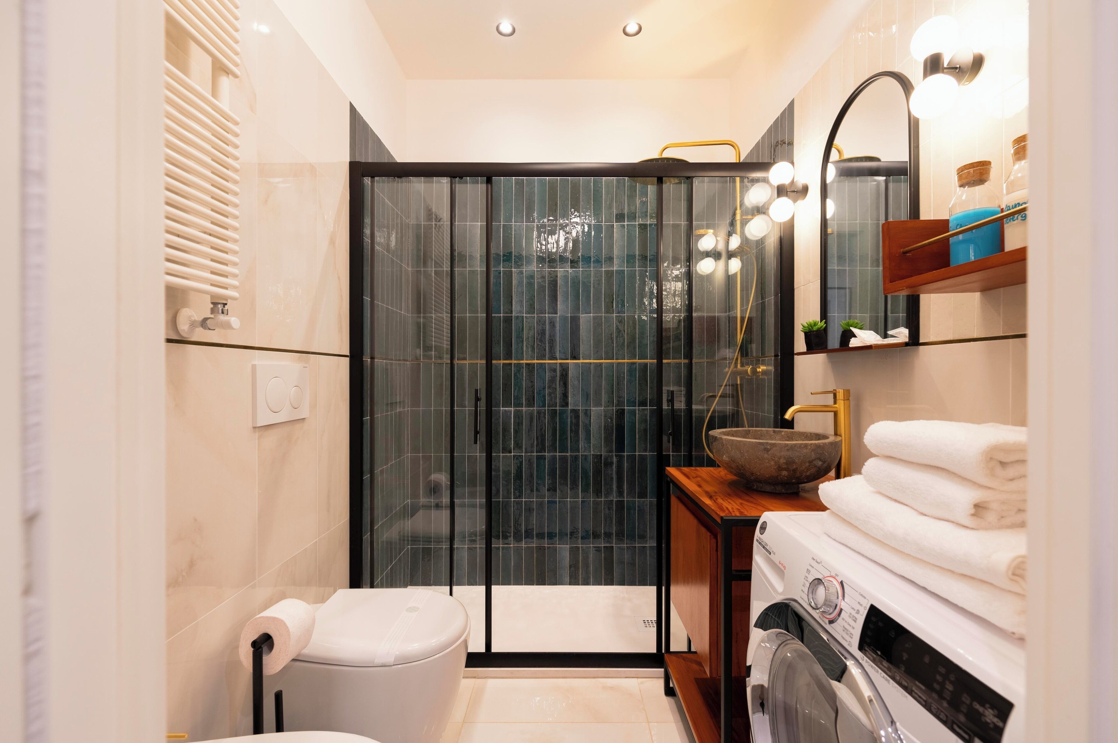 Shower, hair dryer, bidet, towels