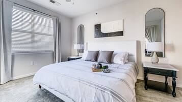 2 bedrooms, desk, iron/ironing board, travel crib