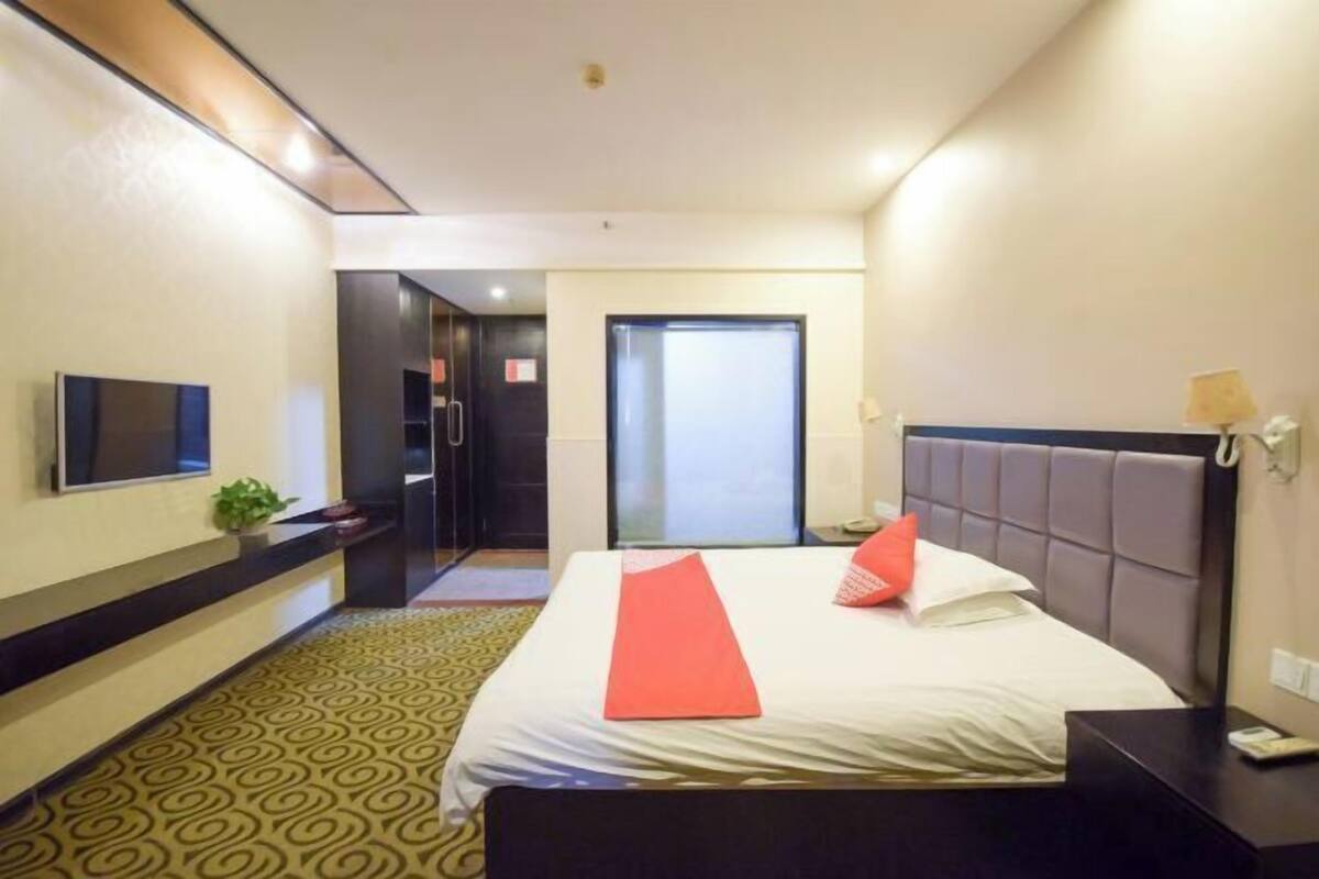 A hotel room with a bed, a TV, a plant, and a door leading to a balcony.