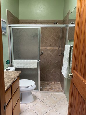 Une salle de bain équipée d’une douche, de toilettes et d’un lavabo avec un plan de travail en granit.