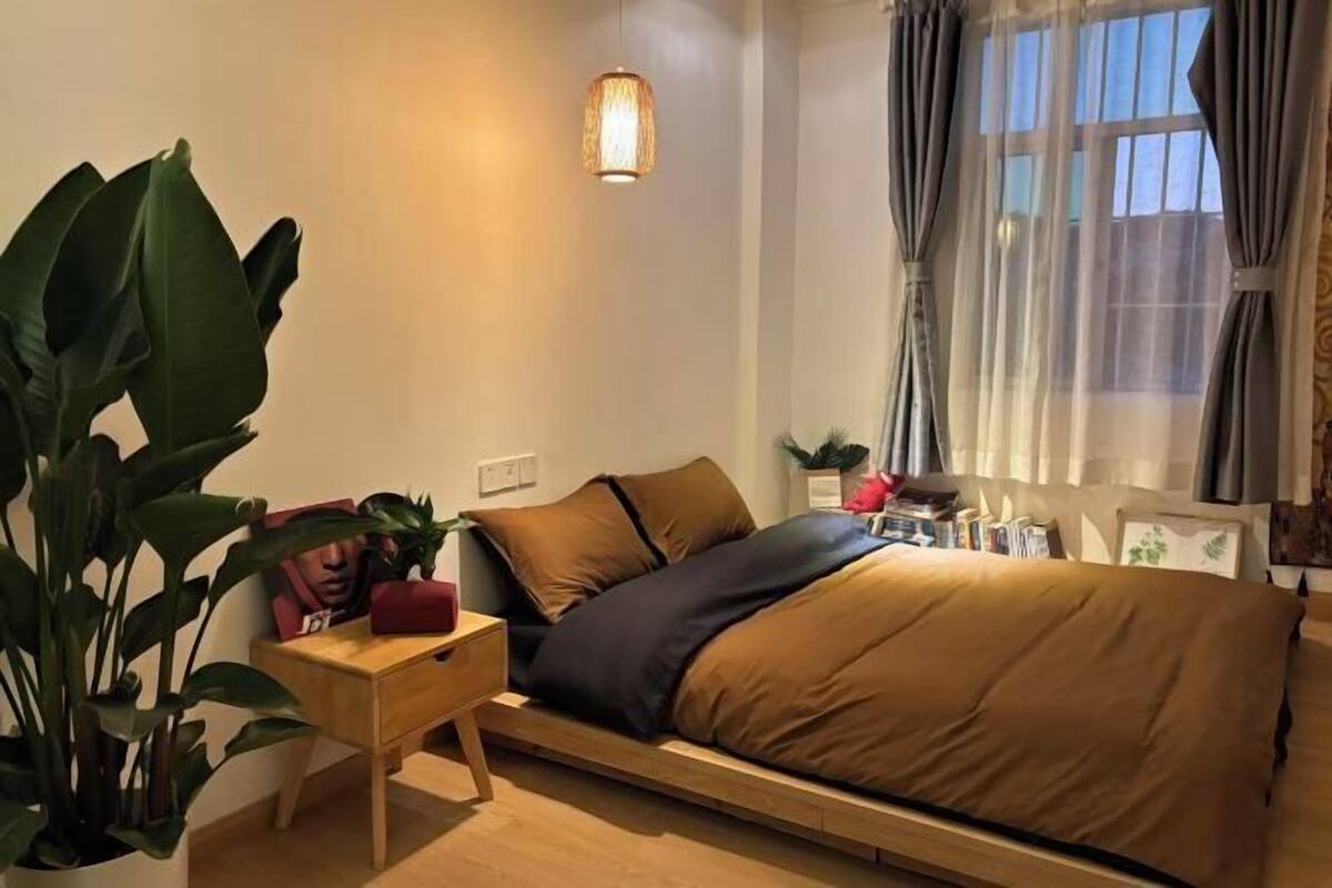 A bedroom with a bed, bedside table, and a large plant.