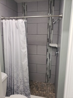 Regadera, toallas, jabón, shampoo 