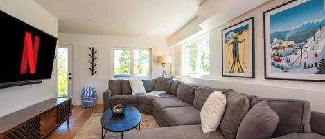 TV, fireplace, books, stereo