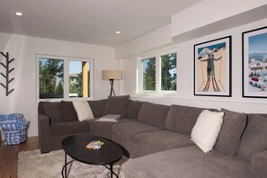 TV, fireplace, books, stereo