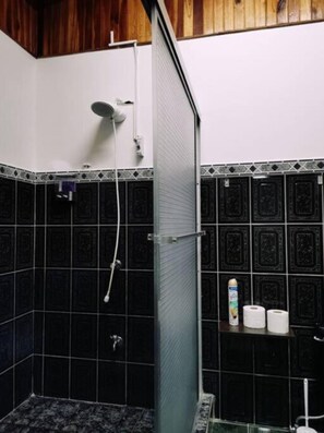 Douche, sèche-cheveux, serviettes fournies, savon