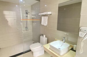 Un baño moderno con ducha envuelta en vidrio, inodoro, lavabo y espejo.