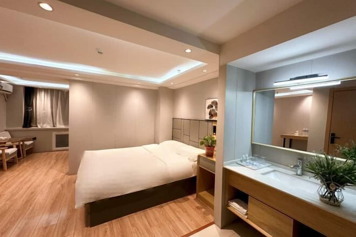 A modern hotel room with a bed, a vanity with a mirror, a small desk, and a potted plant.