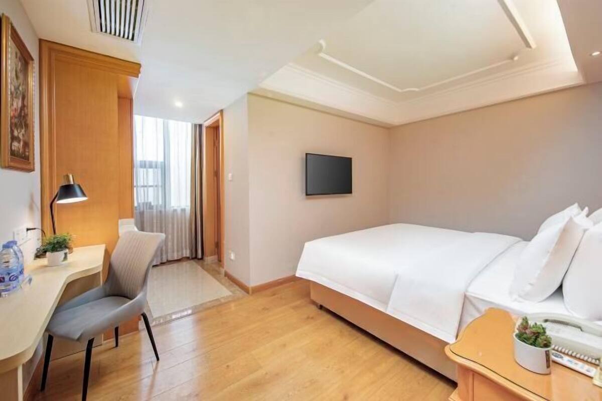 A hotel room with a bed, desk, chair, TV, and a small table with a plant.