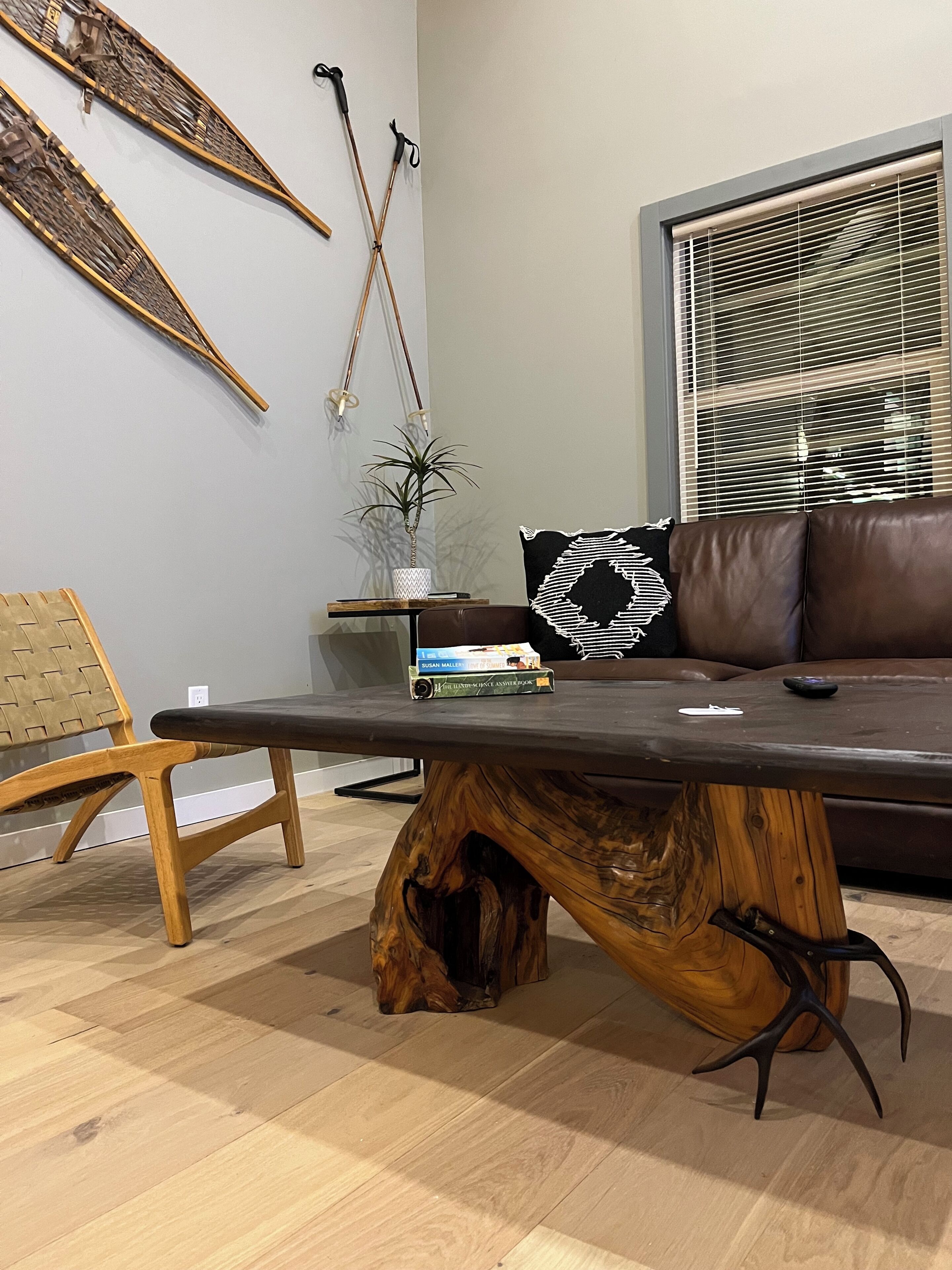 Uma sala de estar moderna com uma mesa de centro de madeira, um sofá de couro marrom, uma cadeira de fibra natural e um vaso com planta.