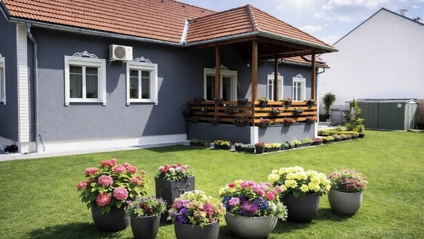 A house with a covered porch, a well-maintained lawn, and potted flowers.